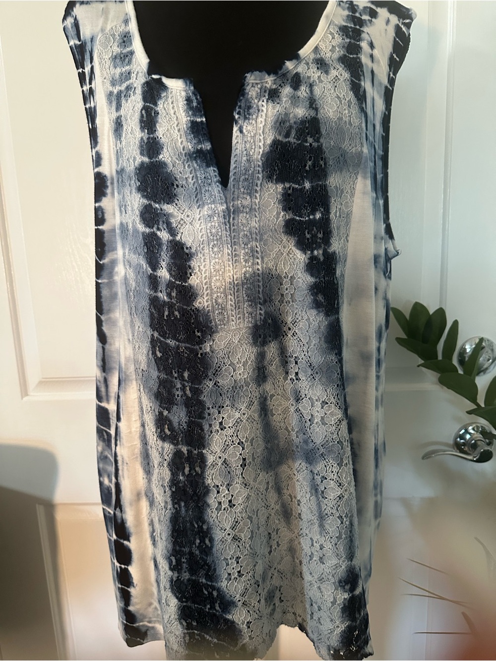 RXB Navy and White Tie-Dye Sleeveless Tunic with Lace Panel